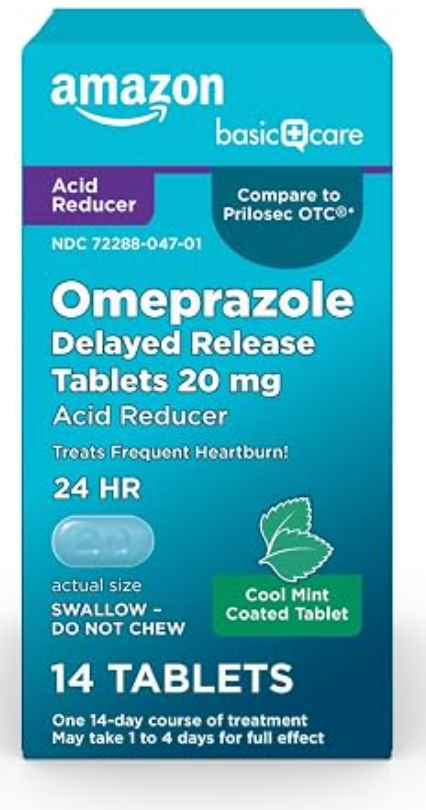 Amazon Basic Care Omeprazole Delayed Release Tablets 20 mg, Cool Mint, Acid Reducer, Treats Frequent Heartburn, 14 Count - expires 09/2026