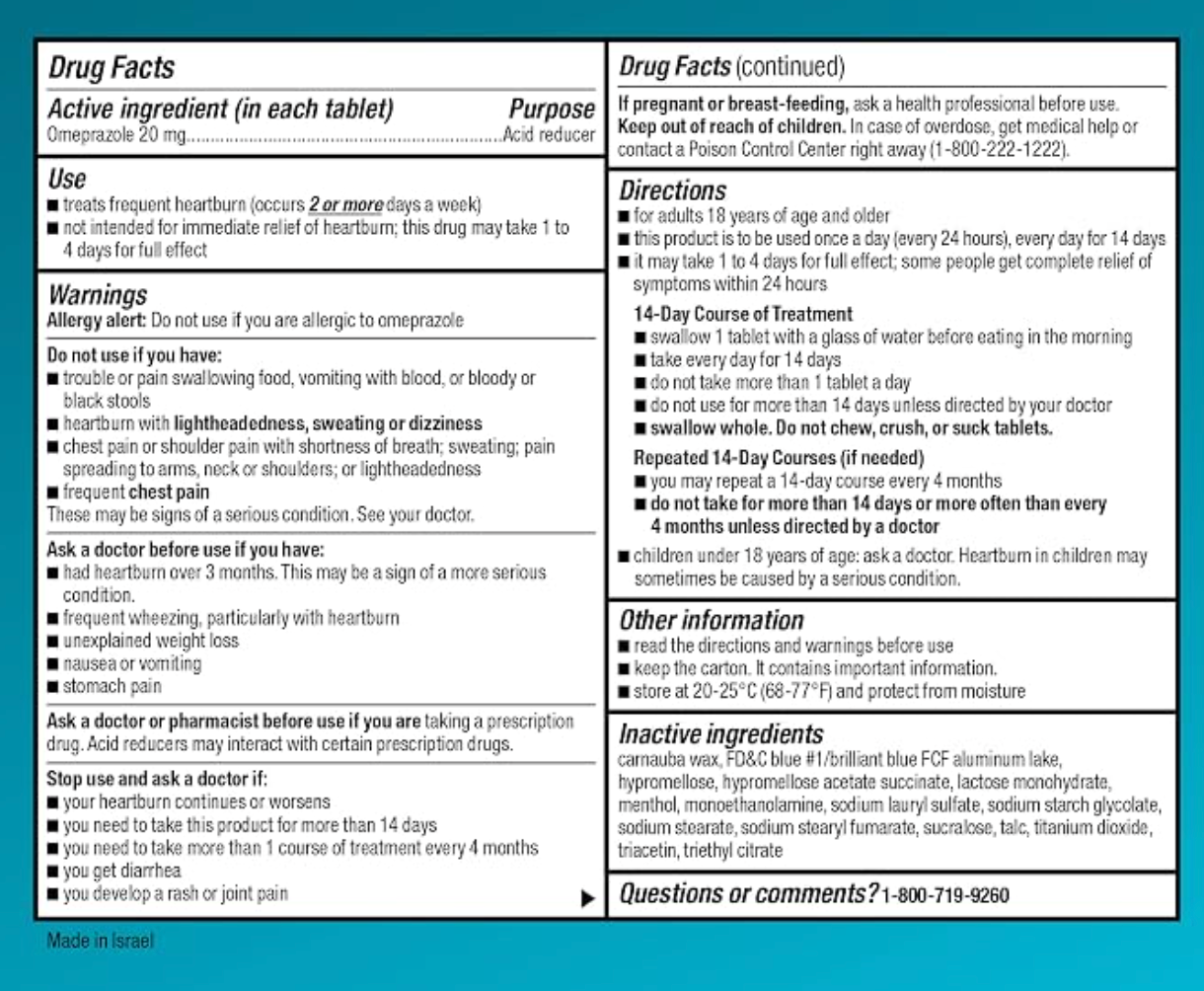 Amazon Basic Care Omeprazole Delayed Release Tablets 20 mg, Cool Mint, Acid Reducer, Treats Frequent Heartburn, 14 Count - expires 09/2026