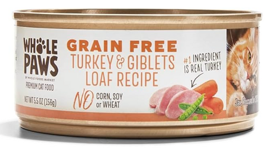 Whole Paws, Grain-Free Wet Cat Food, Turkey & Giblets Loaf Recipe, 5.5 Ounce