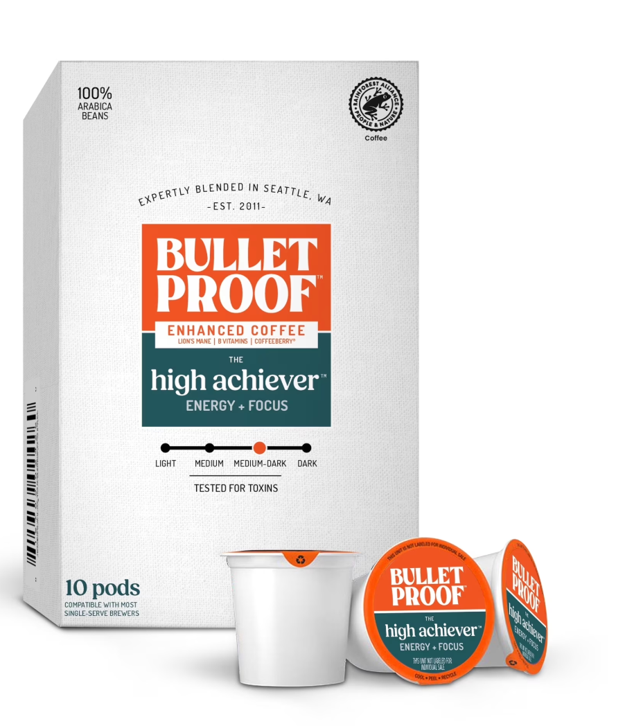 Bulletproof The High Achiever Single-Serve Pods, 10 count, Medium-Dark Roast Enhanced Coffee with Lion's Mane Mushroom, B Vitamins, and Adaptogens for Energy and Focus - expired 6/20/2026