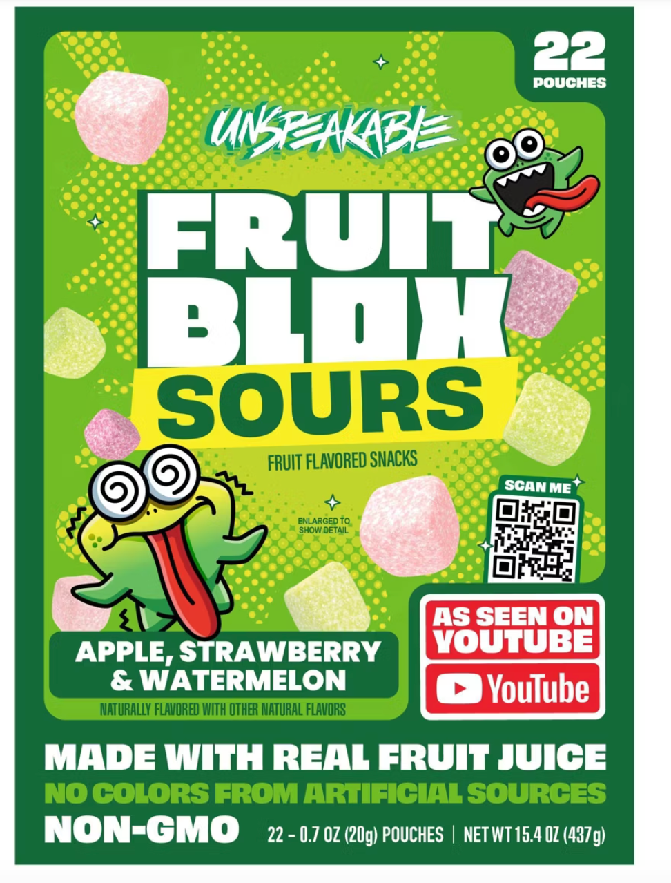 FruitBlox Unspeakable Sour Apple Strawberry and Watermelon Fruit Snacks Pouch - 15.4/22ct.