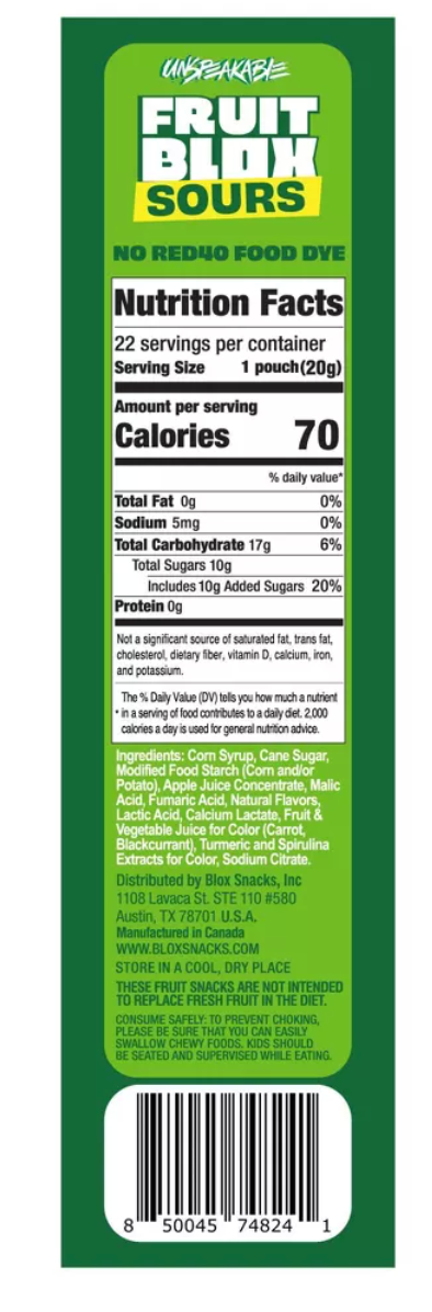 FruitBlox Unspeakable Sour Apple Strawberry and Watermelon Fruit Snacks Pouch - 15.4/22ct.