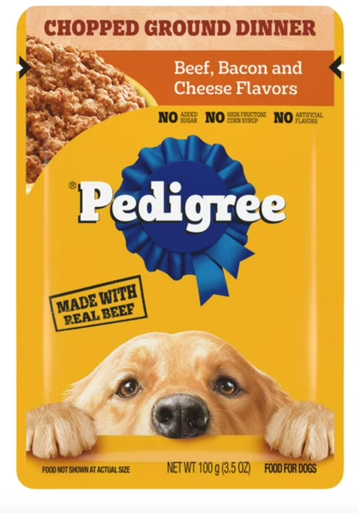 Pedigree Chopped Ground Dinner Beef, Bacon & Cheese Flavors Adult Soft Wet Dog Food, 3.5 Oz Pouches