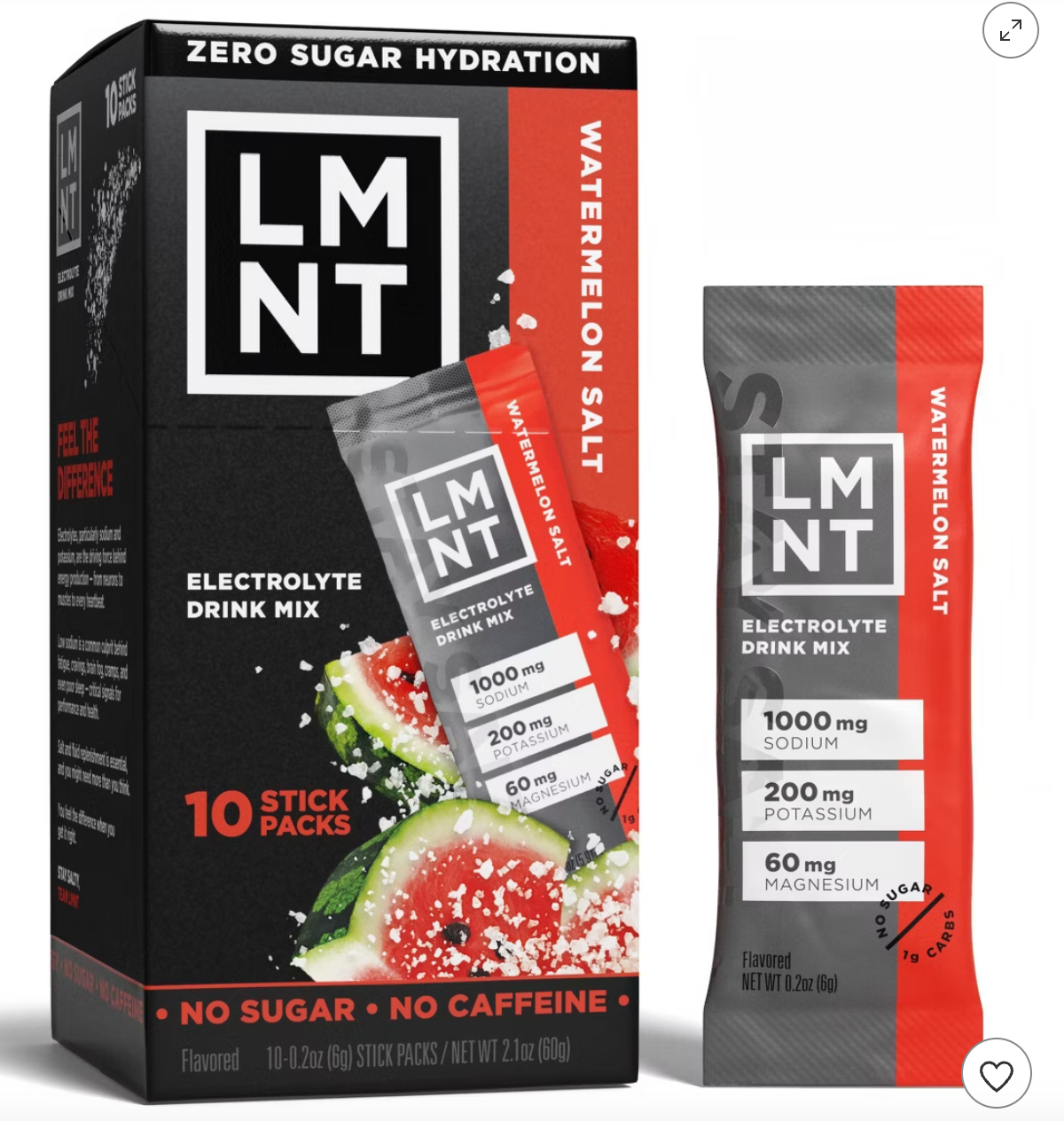 LMNT Zero-Sugar Electrolytes Drink - Watermelon Salt - 2.1oz/10ct: Non-Caffeinated, Powdered Form, 10 Pack