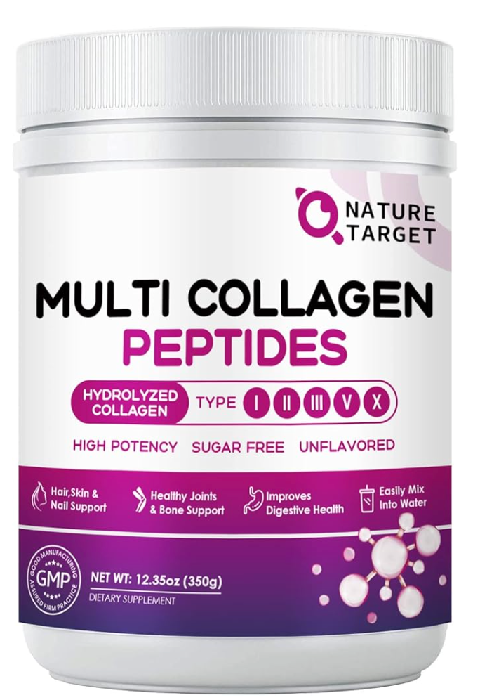 NATURE TARGET Multi Collagen Peptides Powder - Type I, II, III, V, X - Hydrolyzed Collagen Peptides with Vitamin C Hyaluronic Acid, Supports Skin Hair Nail & Joint, Grass-Fed, Non-GMO, 35 Servings - expires 06/2028