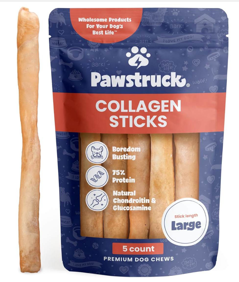 Pawstruck Natural Large 12" Beef Collagen Sticks for Dogs – Long-Lasting Rawhide Alternative, High Protein Treats with Chondroitin & Glucosamine – 5 Pack