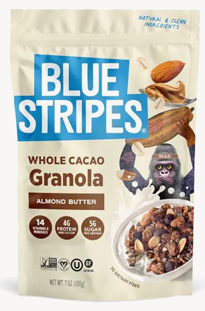 Blue Stripes Whole Cacao Granola - Gluten Free Dark Chocolate Granola for Cereal, Oatmeal, Yogurt, 4g Protein Per Serving, Source of Fiber, Vegan, Low Sugar - Almond Butter, 7 oz