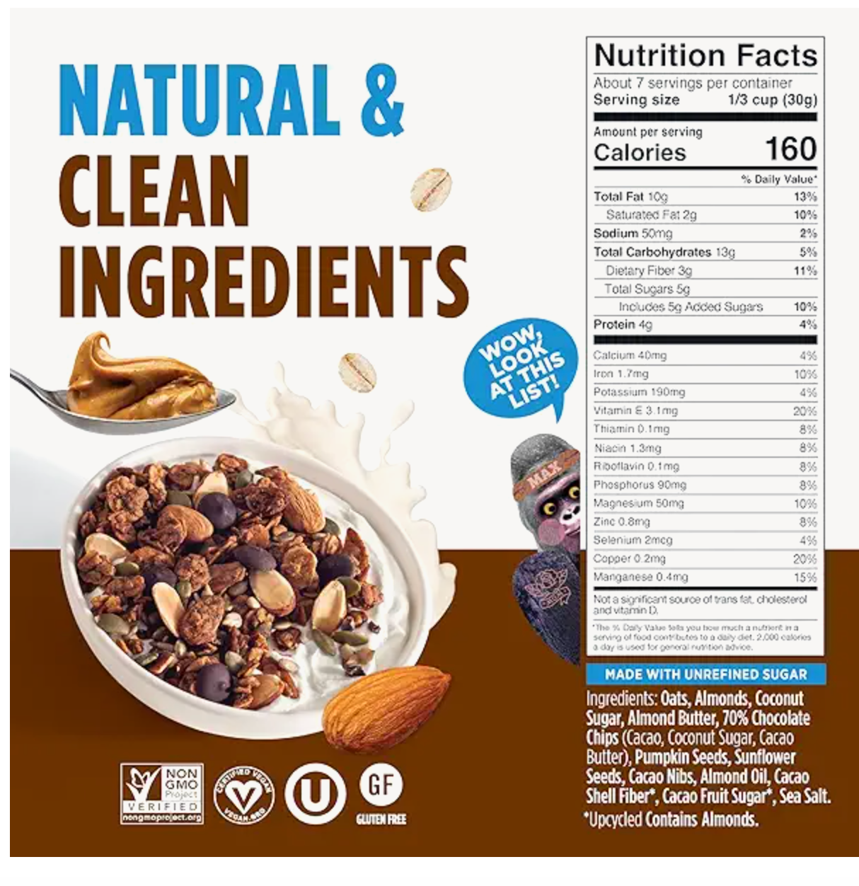Blue Stripes Whole Cacao Granola - Gluten Free Dark Chocolate Granola for Cereal, Oatmeal, Yogurt, 4g Protein Per Serving, Source of Fiber, Vegan, Low Sugar - Almond Butter, 7 oz