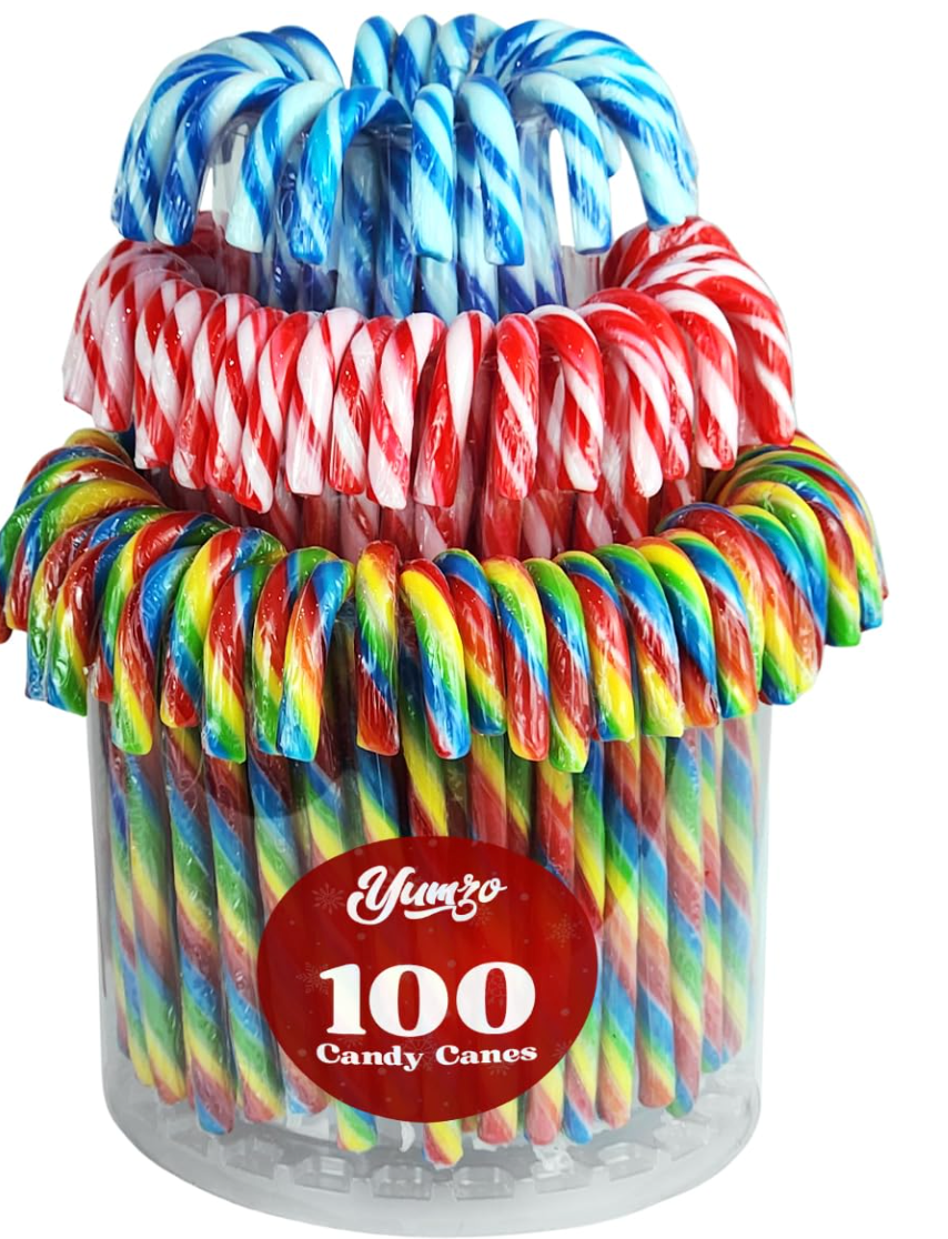 Christmas Candy Canes Tutti Frutti, Blue/White Peppermint, Red and White Cherry Mix Flavors - Bulk Candy Canes Individually Wrapped for Family Holiday Indulgement, Candy Cane Gift Set (100 Count)