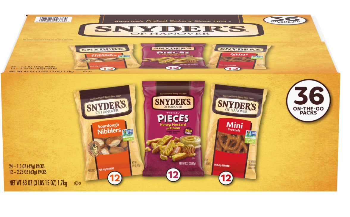 Snyder's of Hanover, Variety Pack Pretzels, Individual Packs, 3 Flavors, 36 Ct