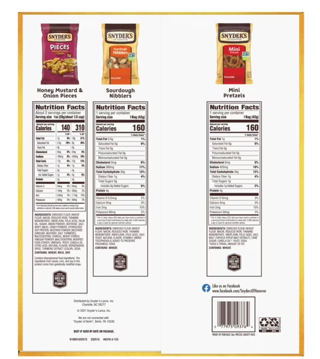 Snyder's of Hanover, Variety Pack Pretzels, Individual Packs, 3 Flavors, 36 Ct