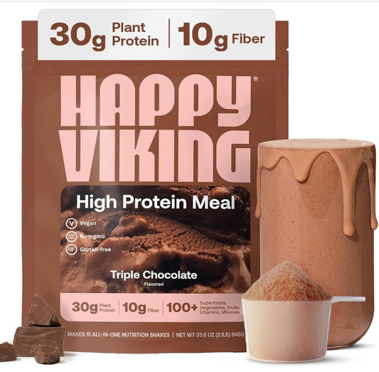 Happy Viking Whole Body Vegan Protein Powder | 30g Plant Protein + 10g Fiber | 100 Superfoods Chocolate Meal Replacement Shake expires 05/2027