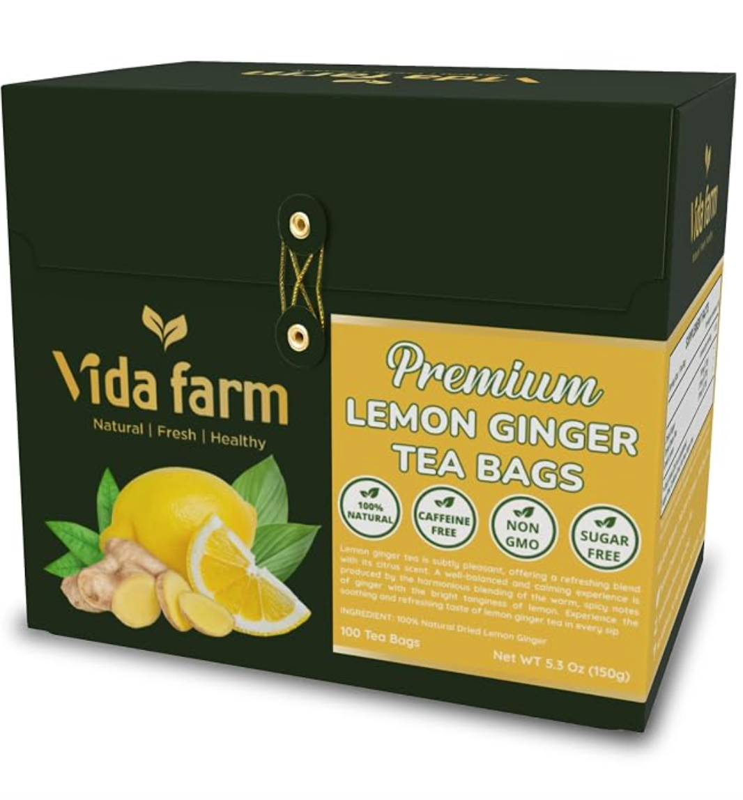 VIDA FARM 100 Lemon Ginger Tea Bags, 100% Natural Ingredients - Warming & Spicy Blend, Caffeine Free, Sugar Free, Non-GMO, Lemon & Ginger Herbal Tea Beverage