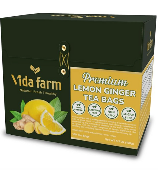 VIDA FARM 100 Lemon Ginger Tea Bags, 100% Natural Ingredients - Warming & Spicy Blend, Caffeine Free, Sugar Free, Non-GMO, Lemon & Ginger Herbal Tea Beverage