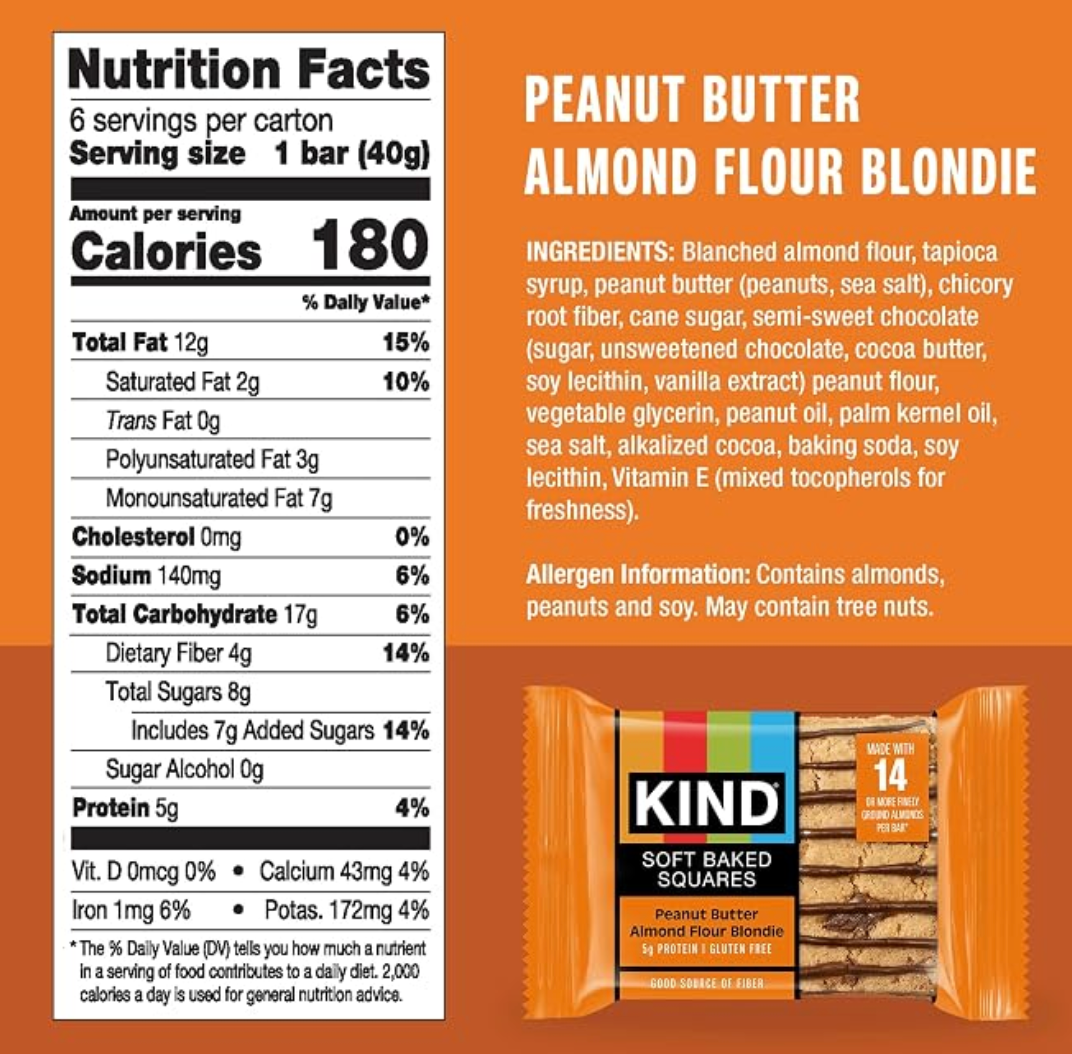 KIND Soft Baked Squares, Peanut Butter Almond Flour Blondie, Gluten Free, Healthy Snack Bars, 5g Protein, 6 Count - expired Jan 01 2026