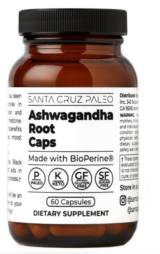 Santa Cruz Paleo Ashwagandha Capsules, 600mg Ashwagandha Root per Capsule, Gluten Free, Keto, Sugar Free, Paleo, Supports Energy, Focus, and Relaxation, BioPerine for Fast Absorption, 60 Capsules - expires 03/2028