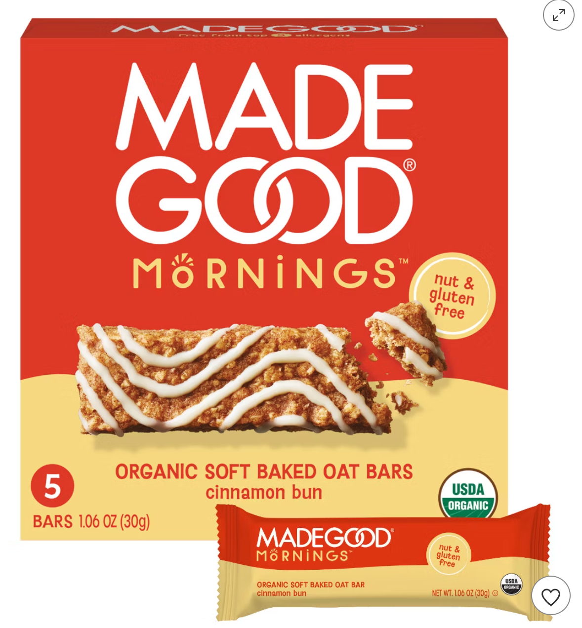 MadeGood Mornings Cinnamon Bun Soft Baked Oat Bars - 5.3oz/5ct - expires 12/23/2026