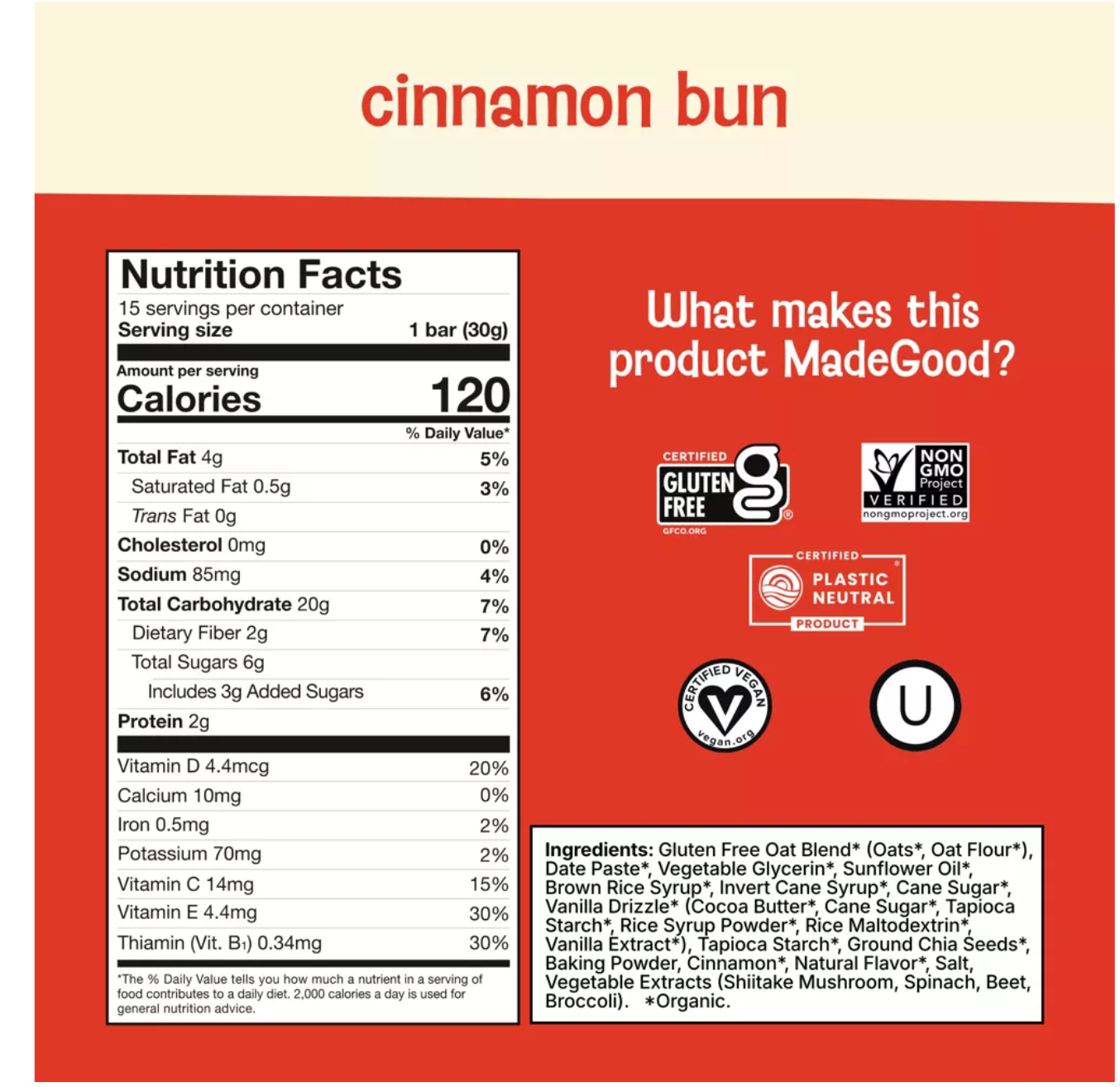 MadeGood Mornings Cinnamon Bun Soft Baked Oat Bars - 5.3oz/5ct - expires 12/23/2026