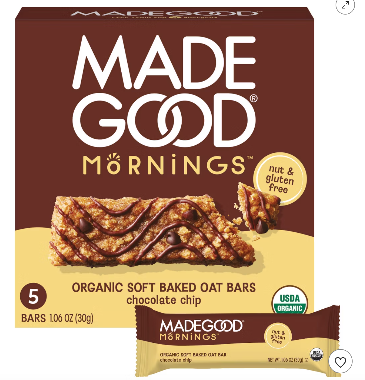 MadeGood Morning Chocolate Chip Bars - 5ct/5.3oz - 12/09/2026