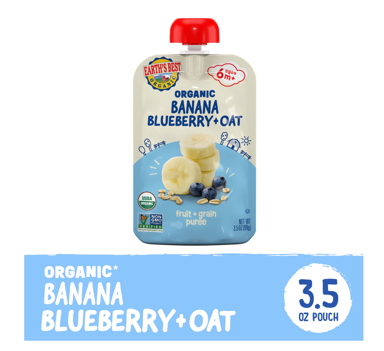 Earth's Best Organic Stage 2 Baby Food, Banana Blueberry Oat Fruit & Grain Puree, 3.5 oz Pouch - expires May 21 2027