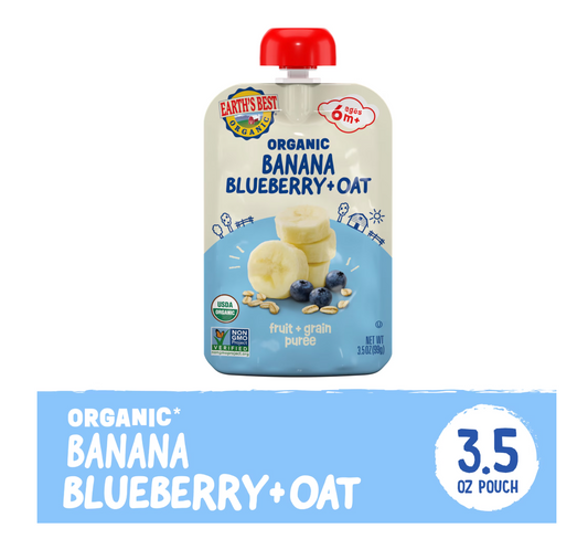 Earth's Best Organic Stage 2 Baby Food, Banana Blueberry Oat Fruit & Grain Puree, 3.5 oz Pouch - expires May 21 2027