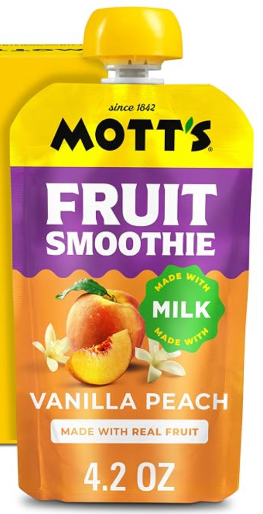 Mott’s Fruit Smoothies Vanilla Peach, 4.2 oz clear pouches - expired 06/02/2026