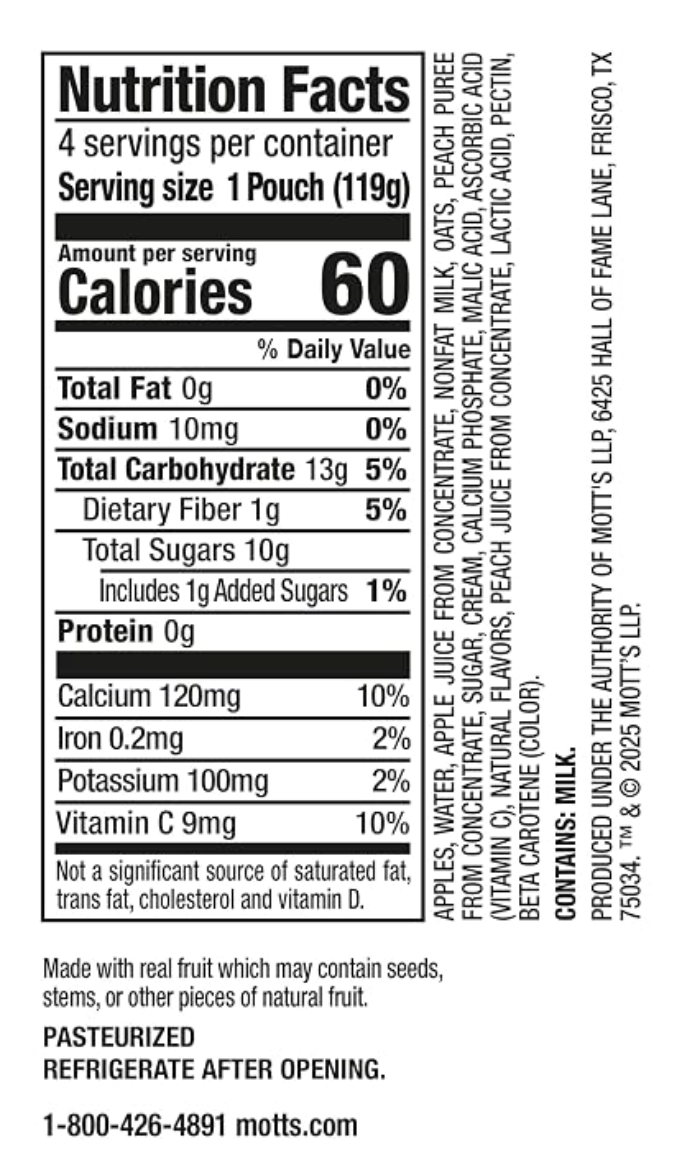 Mott’s Fruit Smoothies Vanilla Peach, 4.2 oz clear pouches - expired 06/02/2026