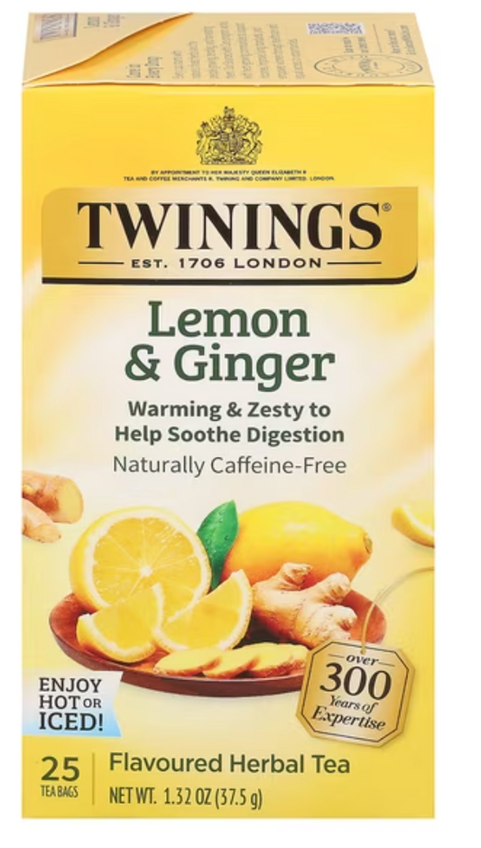 Twinings® Lemon & Ginger Herbal Decaffeinated Tea Bags, 1.32 Oz, Box Of 25