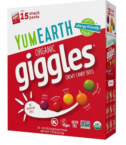 YumEarth Organic Giggles Chewy Candy, 0.5oz Snack Packs (Box of 15) - expired Apr 29 2026