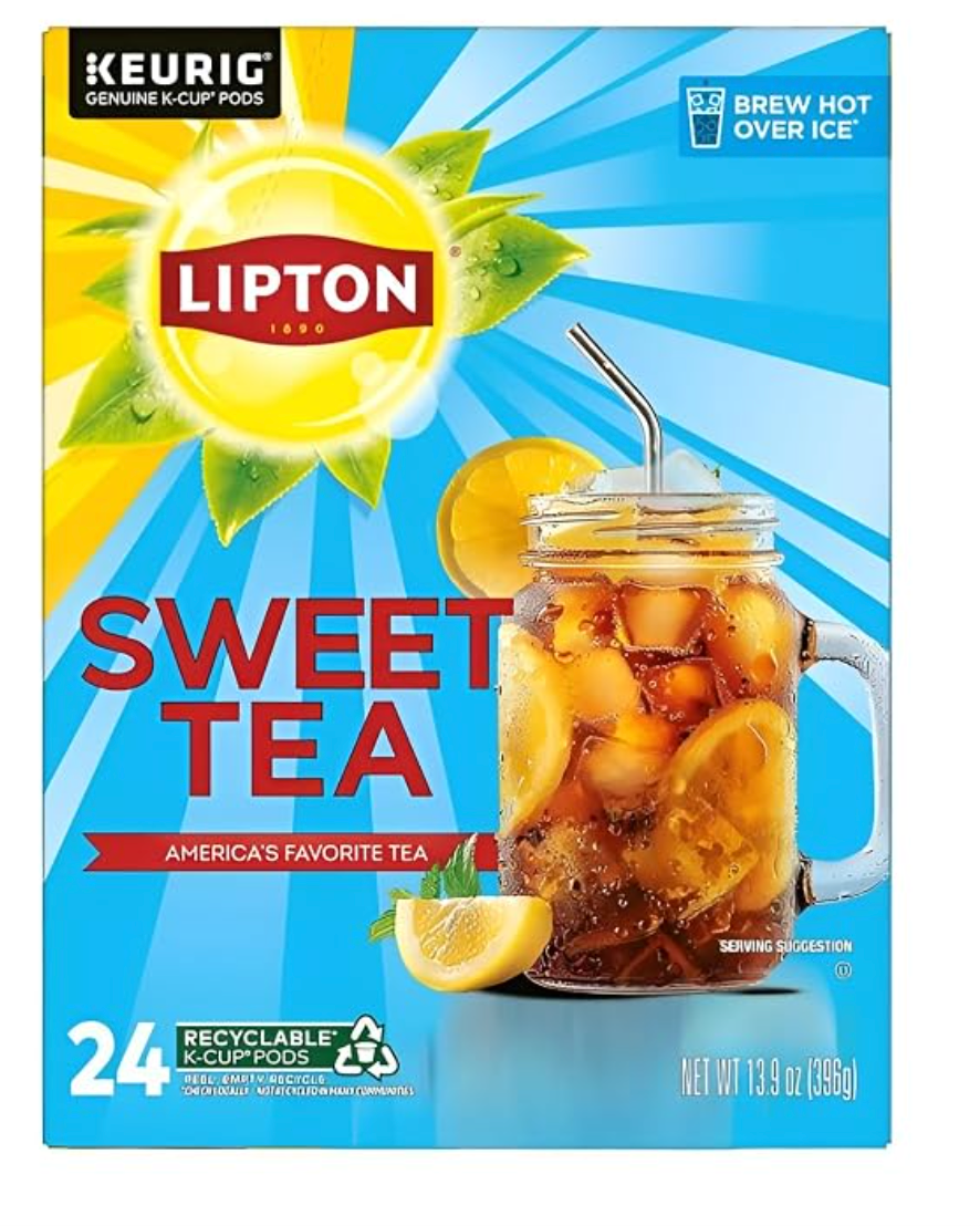 Lipton Southern Sweet Black Tea K-Cup Pods, 24 Count for Keurig | Rainforest Alliance Certified Iced Tea K-Cups with Real Tea Leaves and Natural Sweetness Brew Hot over Ice - expires Feb 24 2027