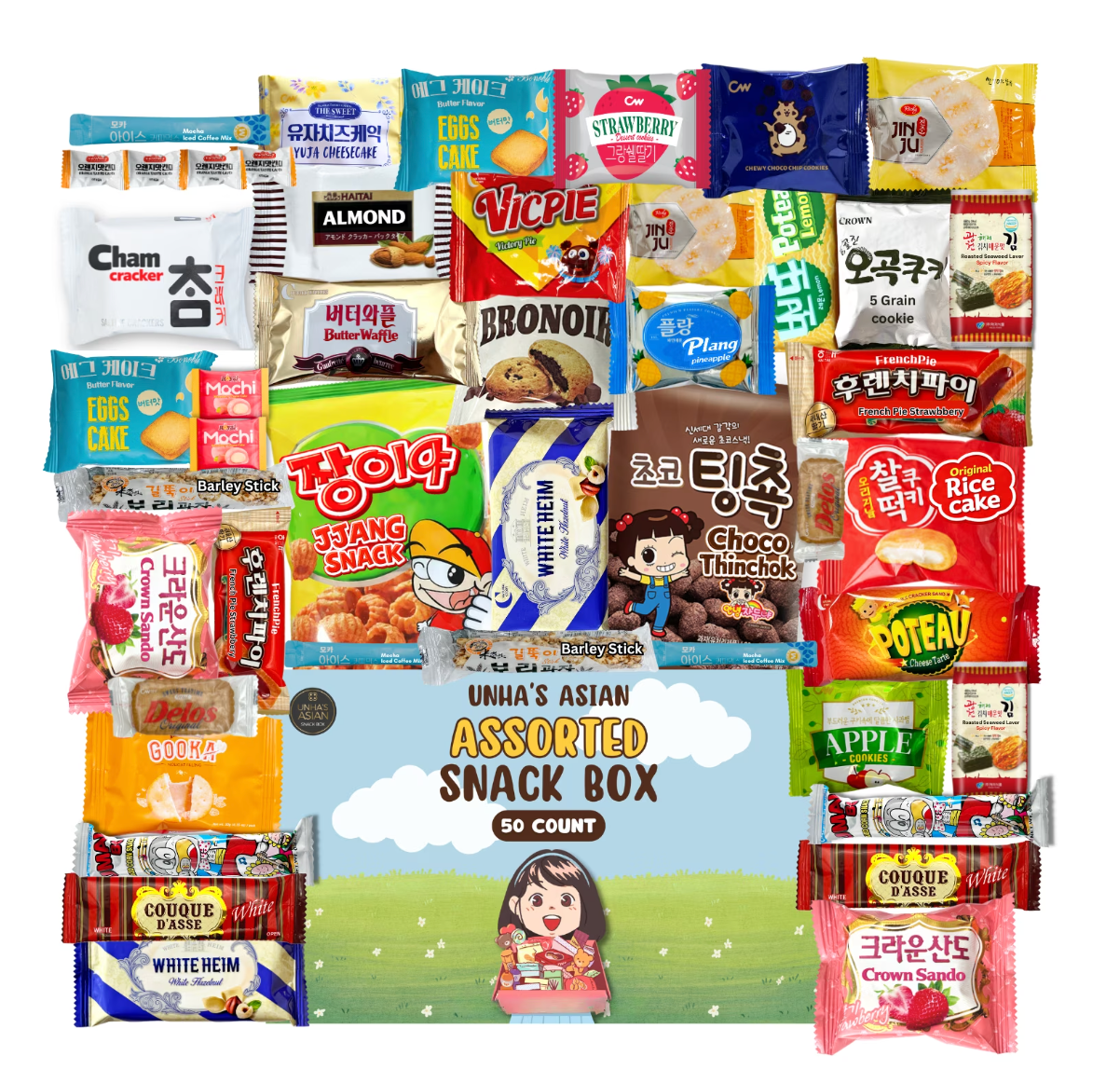 UNHA'S Korean Variety Snack Box 50 Count – International Snack Care Package, Gift Set for Adults & Kids, Sweet & Savory Korean Treats, Individually Wrapped - expires Dec 31 2026