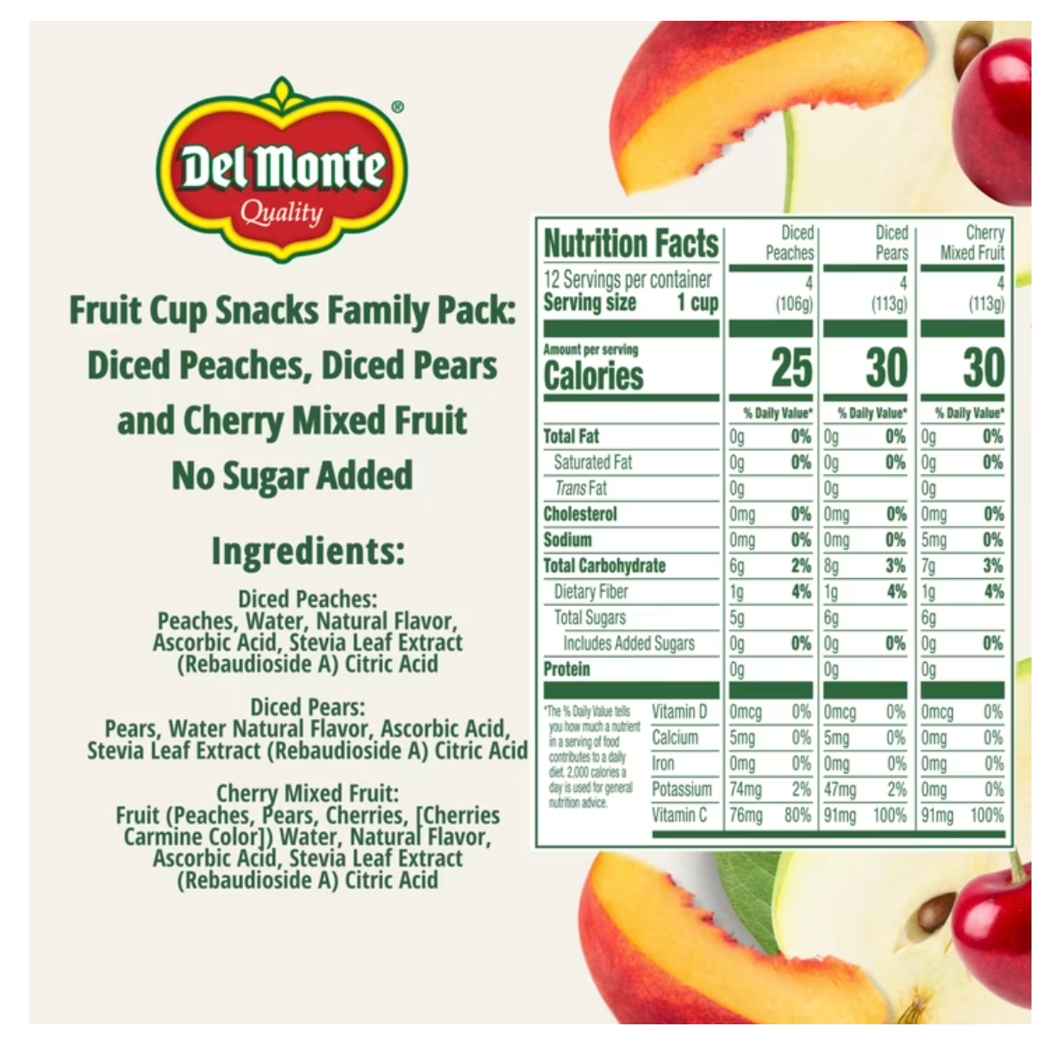 Del Monte Fruit Cup Snacks Variety Pack No Sugar Added 4 oz Cups (Pack of 12) - expired May 08 2026