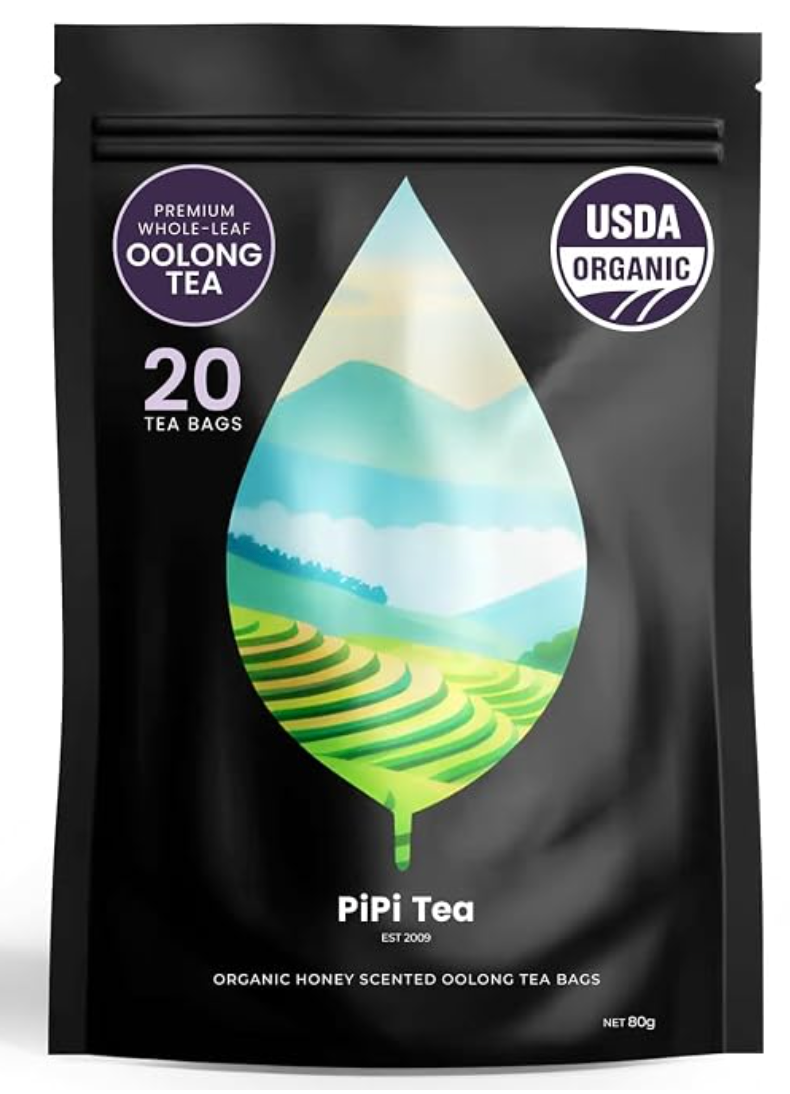 PiPi Tea Organic Oolong Tea Bags – Whole Leaf, 20 Bags (4g Each) – Cortisol & Calming Tea for Anxiety, Stress, Weight Loss – Bulk Loose Leaf Oolong Tea
