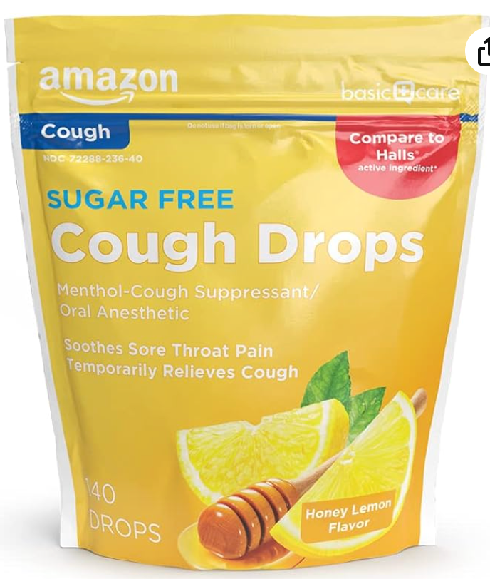 Amazon Basic Care Sugar Free Honey Lemon Cough Drops for Sore Throat Relief, Soothes Cough, 140 Count (Compare to Halls) - expires 01/2028