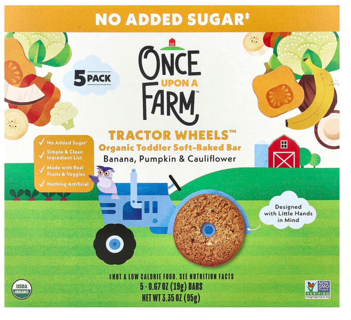 Once Upon A Farm, Tractor Wheels™, Organic Toddler Soft-Baked Bar, Banana, Pumpkin & Cauliflower, 5 Pack, 0.67 oz (19 g) Each - 12/28/2026