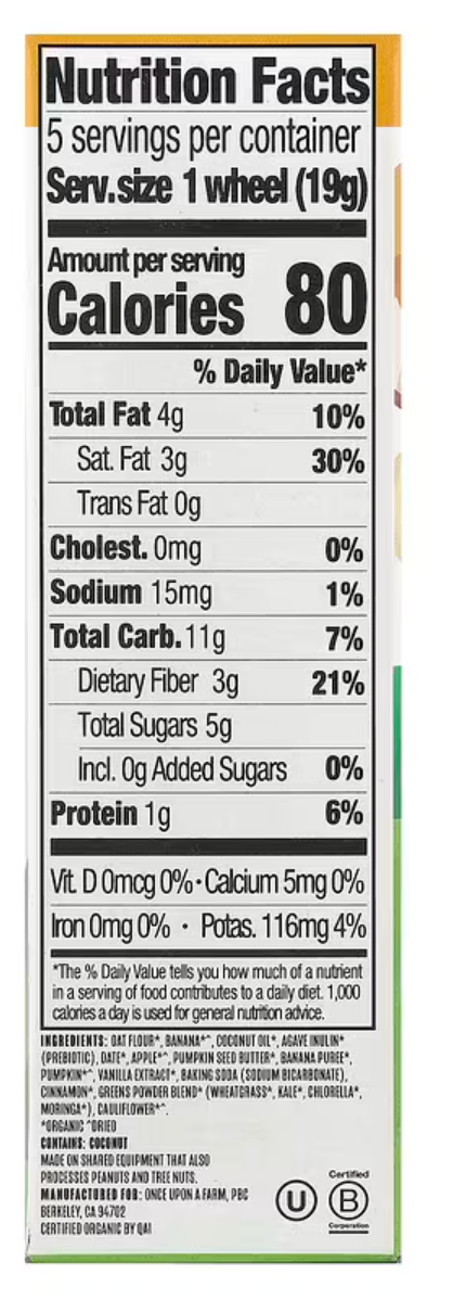 Once Upon A Farm, Tractor Wheels™, Organic Toddler Soft-Baked Bar, Banana, Pumpkin & Cauliflower, 5 Pack, 0.67 oz (19 g) Each - 12/28/2026