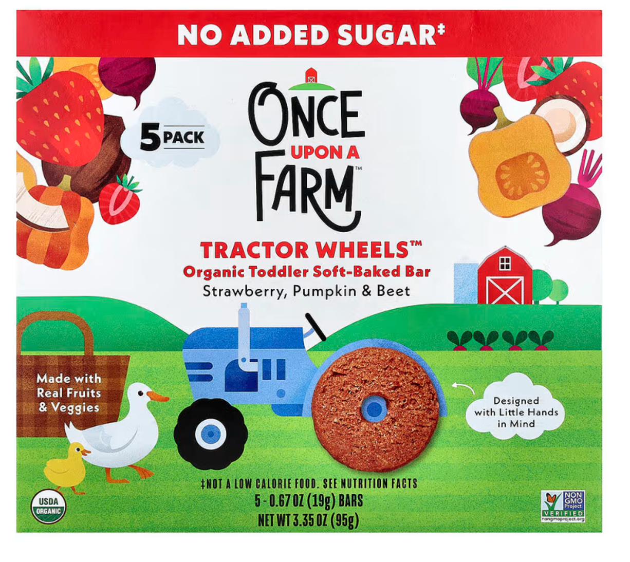 Once Upon A Farm, Tractor Wheels™, Organic Toddler Soft-Baked Bar, Strawberry, Pumpkin & Beet, 5 Bars, 0.67 oz (19 g) Each