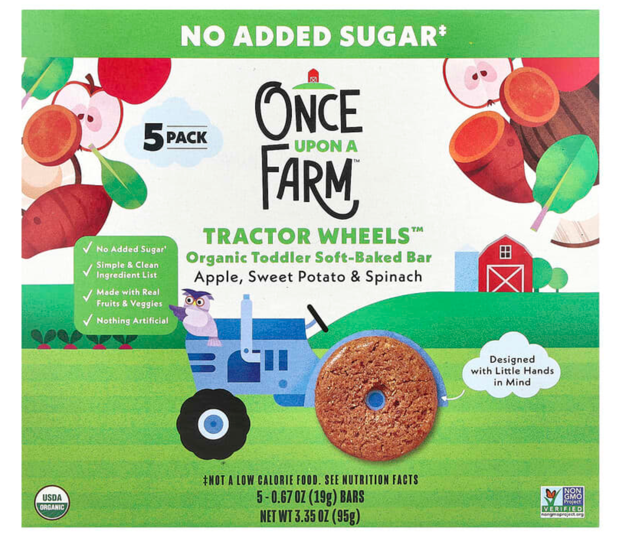 Once Upon A Farm, Tractor Wheels™, Organic Toddler Soft-Baked Bar, Apple, Sweet Potato & Spinach, 5 Pack, 0.67 oz (19 g) Each - expires 12/27/2026
