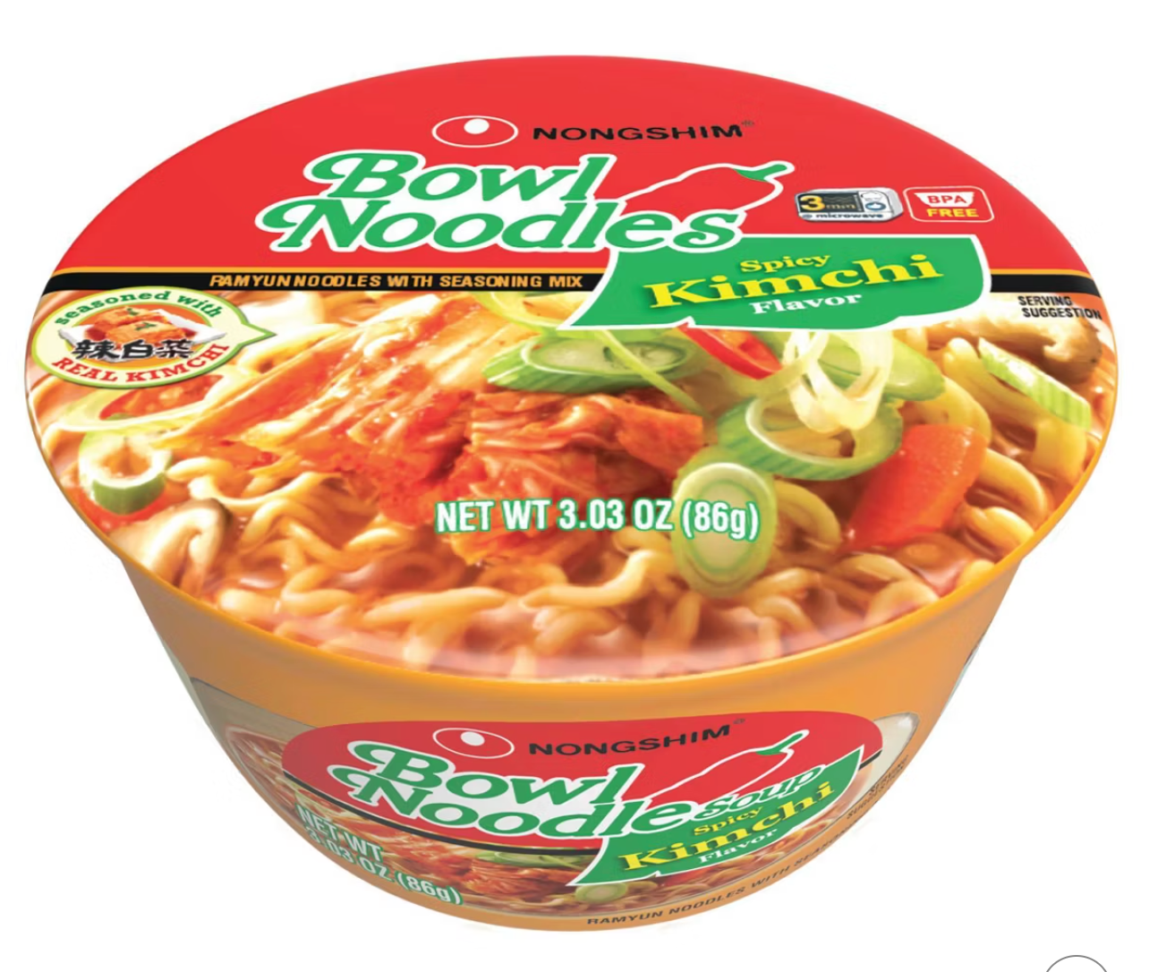 Nongshim Bowl Spicy Kimchi Soup Microwavable Noodle Bowl - 3.03oz