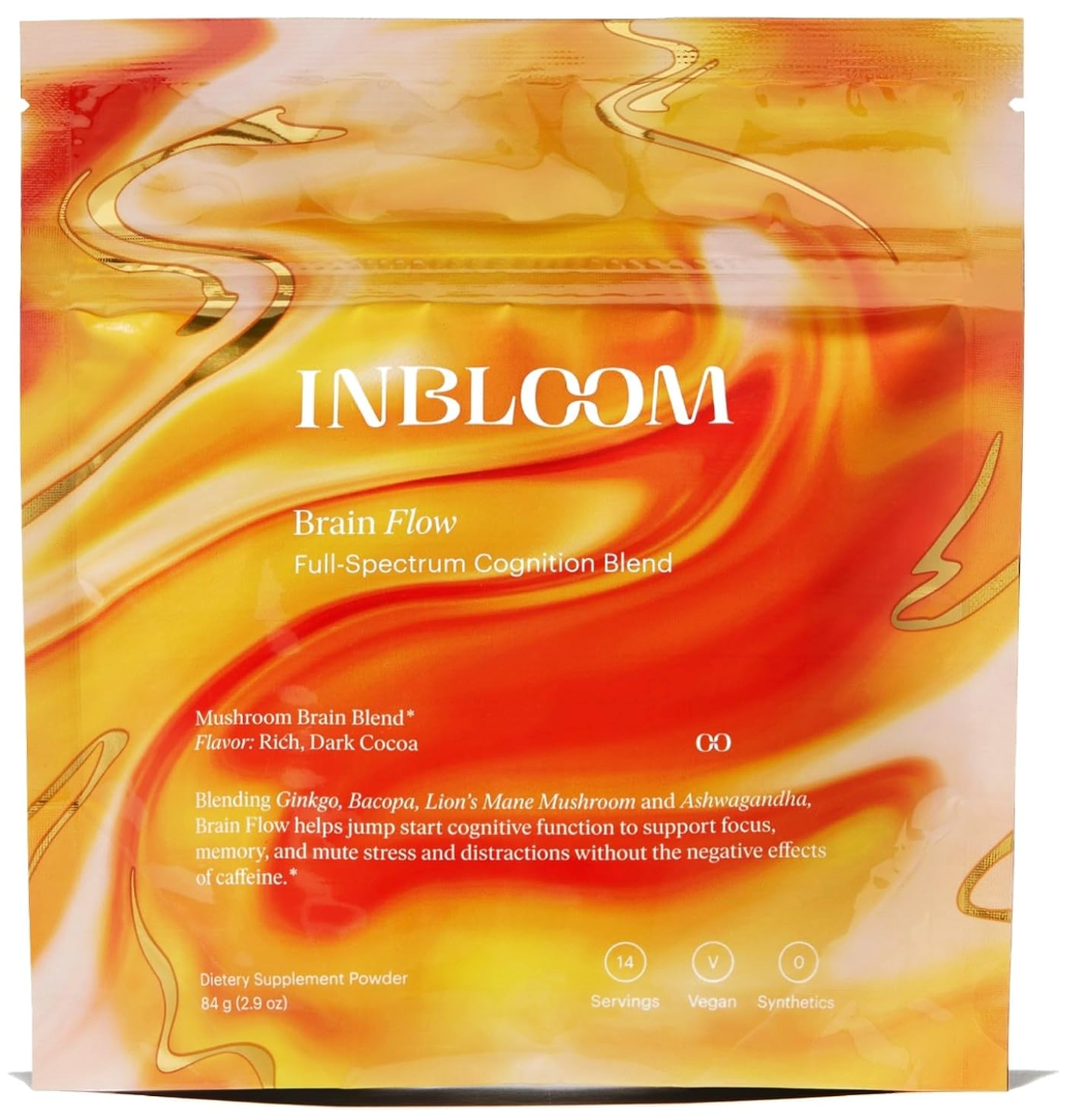 INBLOOM Kate Hudson Brain Flow – Vegan, All-Natural Daily Drink Mix for Enhanced Cognitive Function with Ashwaganda and Lions Mane Supplement - Rich Chocolate Flavor - 14 servings, 2.9 oz (Pack of 1)