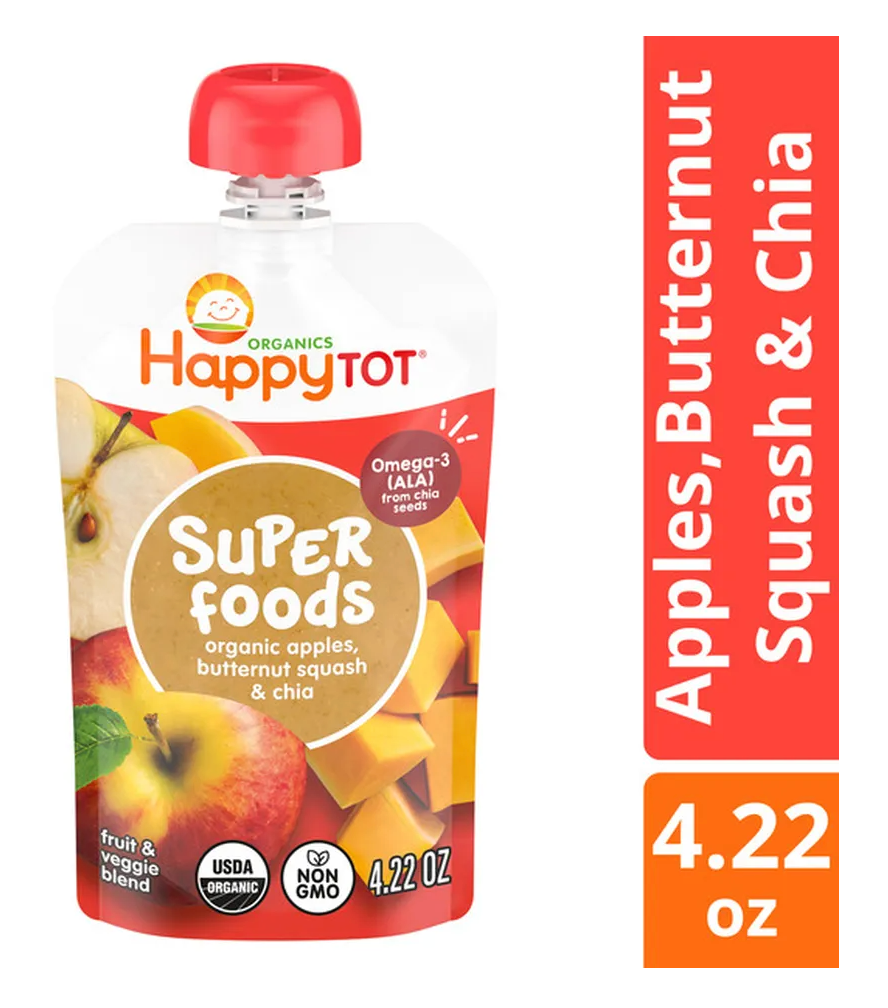 Happy Tot Organics Stage 4 Baby Food Pouch, Gluten Free, Vegan Snack, SuperFoods Fruit & Veggie Puree, Apples, Butternut Squash & Chia, 4.22 oz. - expires Jan 15 2027
