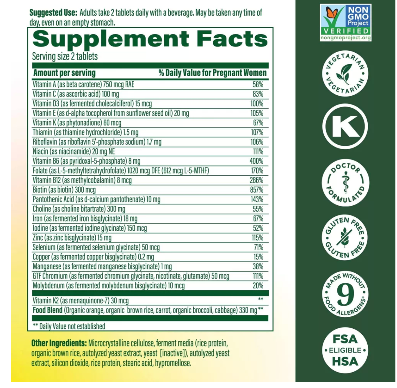 MegaFood Baby & Me 2 Prenatal Multi With Iron, Choline & Methylated Folate Vegetarian Tablets - 60ct