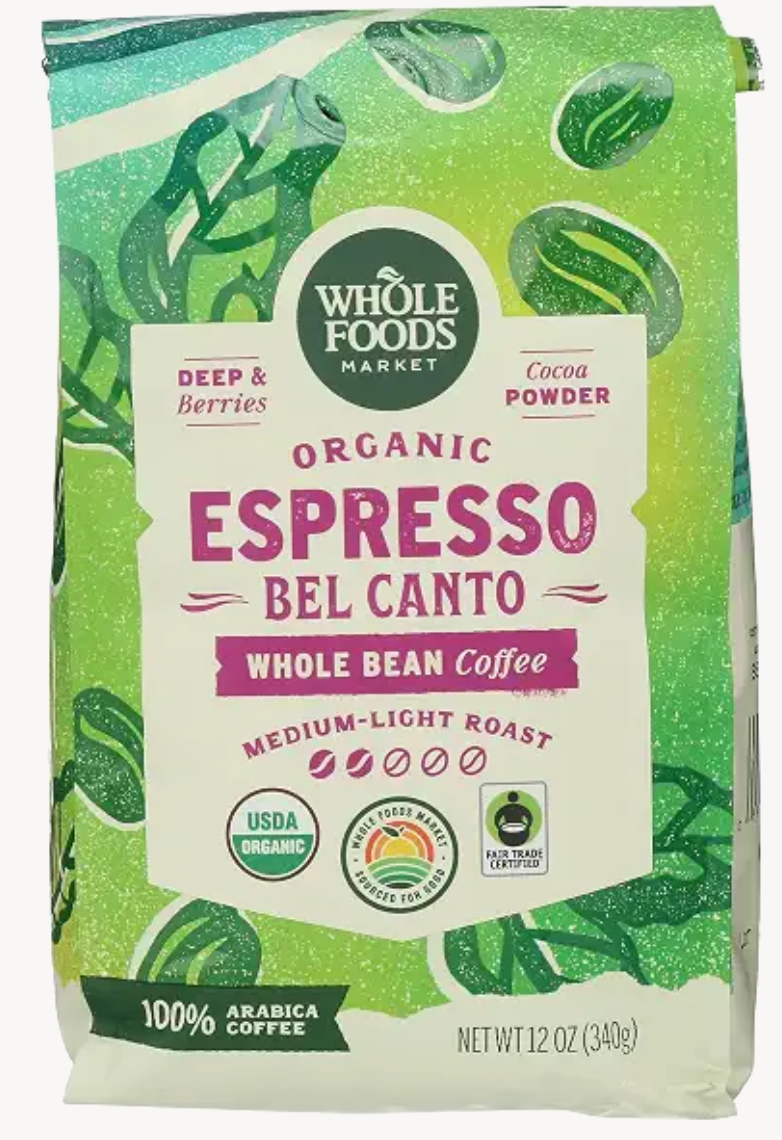 Organic Espresso Bel Canto Whole Bean Coffee, Medium-Light Roast, Berries & Cocoa Powder, 12 Ounce - expires 11/22/2026