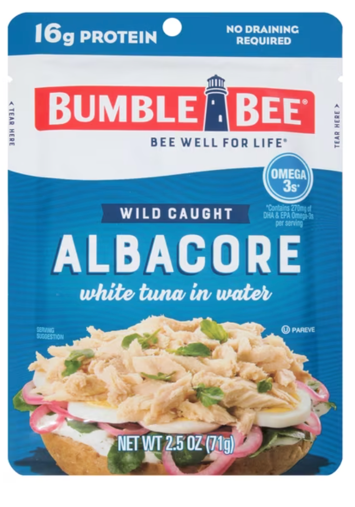 Bumble Bee Chunk White Albacore Tuna in Water, Wild Caught, Gluten Free, 16g Protein per Serving, Ready to Eat, Shelf Stable Pouch, 2.5 oz -expires Oct 2028