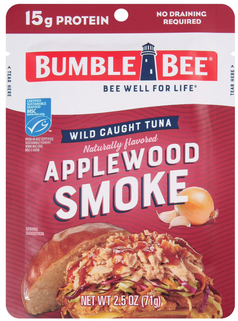Bumble Bee Applewood Smoke Naturally Flavored Light Tuna, Wild Caught, Gluten Free, 15g Protein per Serving, Ready to Eat, Shelf Stable Pouch, 2.5 oz