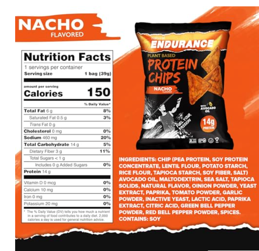Natural Endurance Protein Chips - Nacho Chips, Low Carb Chips, High Protein Snack, Vegan Protein with Avocado Oil, 14g Protein Per Bag, Gluten Free - Nacho Flavor, 1.38 oz Bags - expires Jan 2027