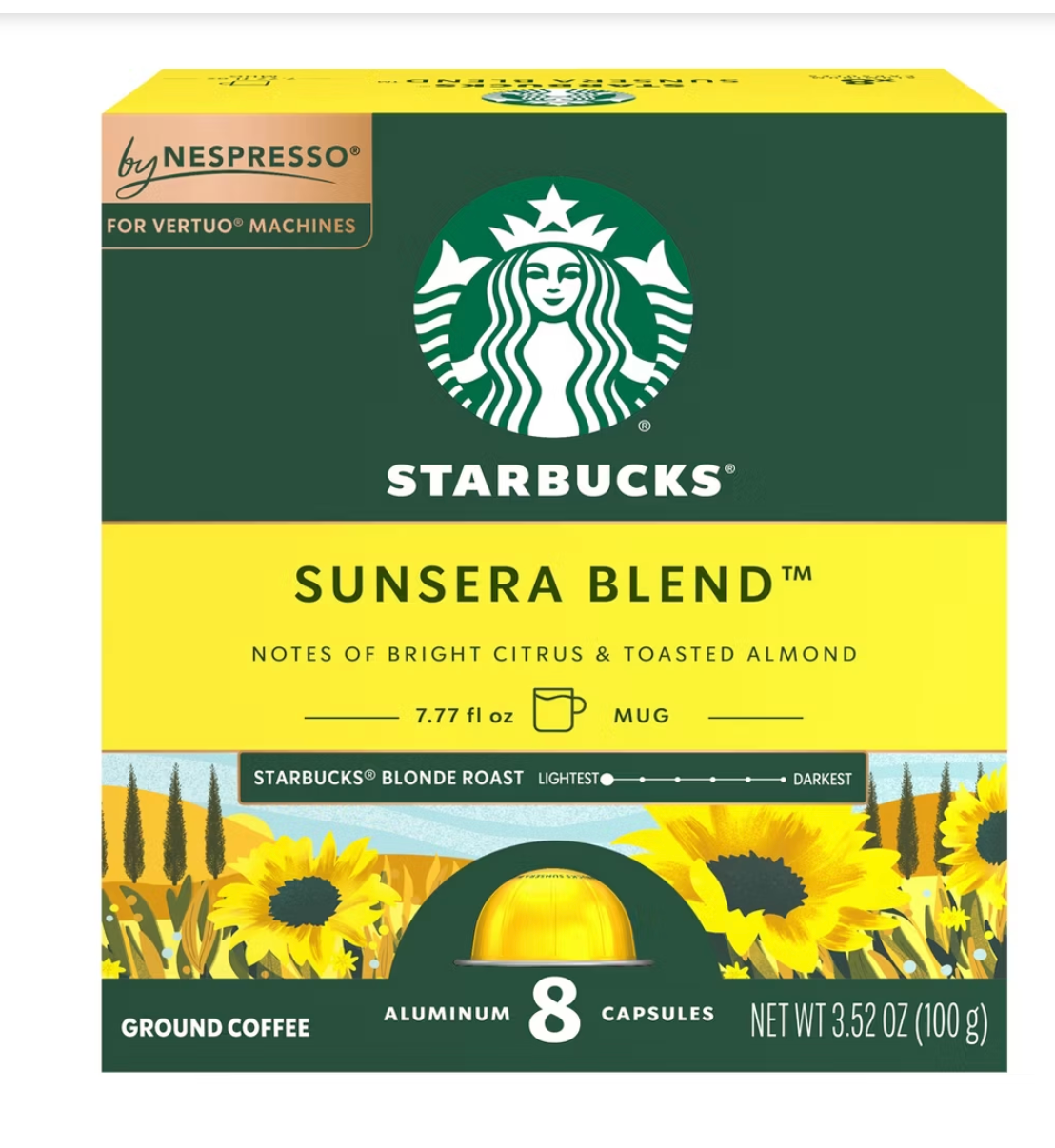 Starbucks by Nespresso Vertuo Line Sunsera Blend Blonde Roast Coffee Pods - 8ct: Arabica Beans, Almond, Citrus - expired June 20 2026