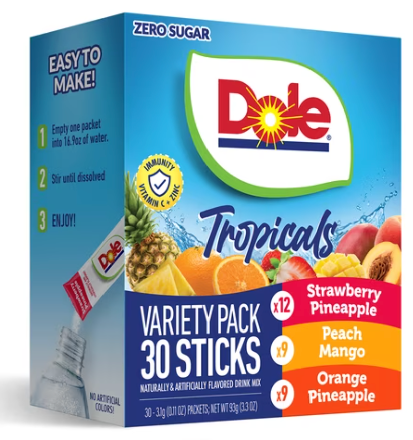 Dole Powder Drink Mix Variety Pack, Tropical, Peach Mango & Strawberry Pineapple, Sugar-Free, 30 Ct - expires Apr 08 2028