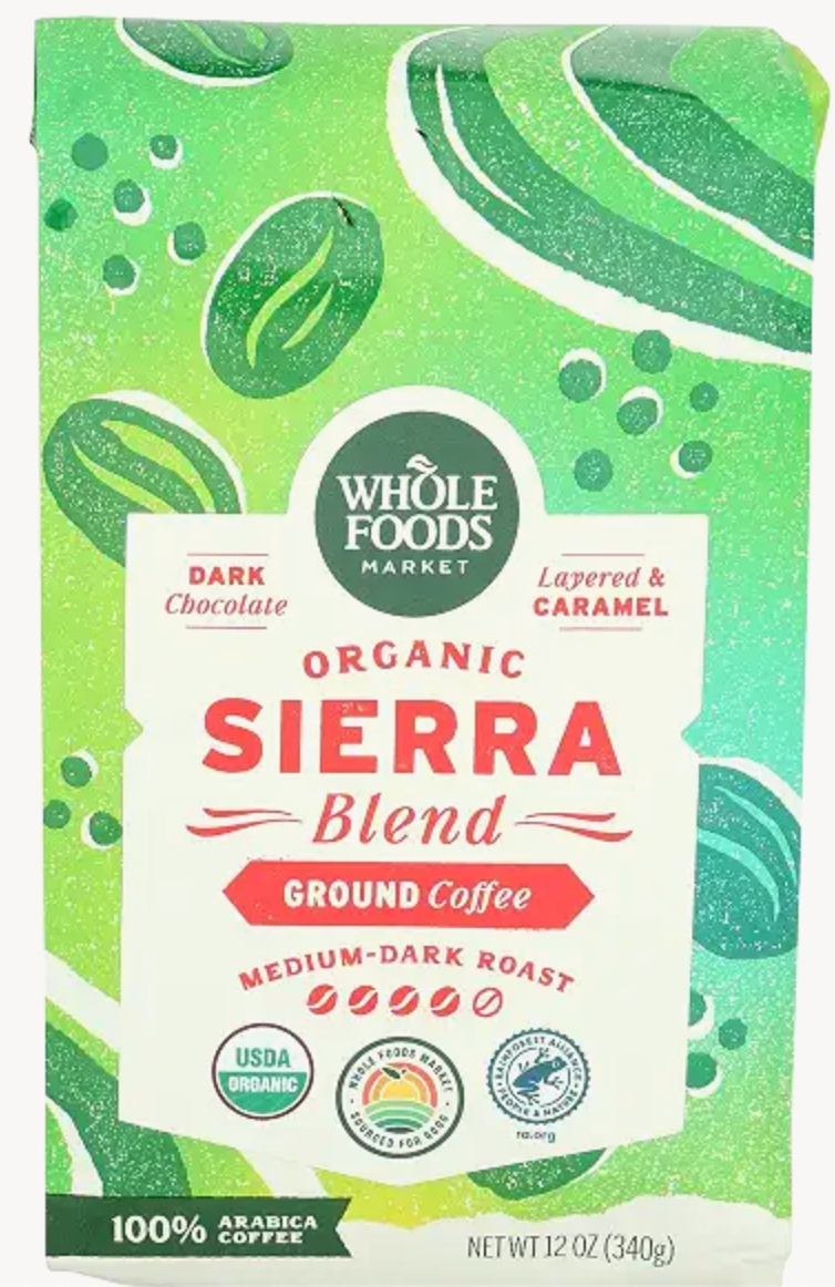 Whole Foods Market Organic Sierra Blend Ground Coffee, Medium-Dark Roast, Dark Chocolate & Caramel, 12 Ounce - expires 01/10/2027