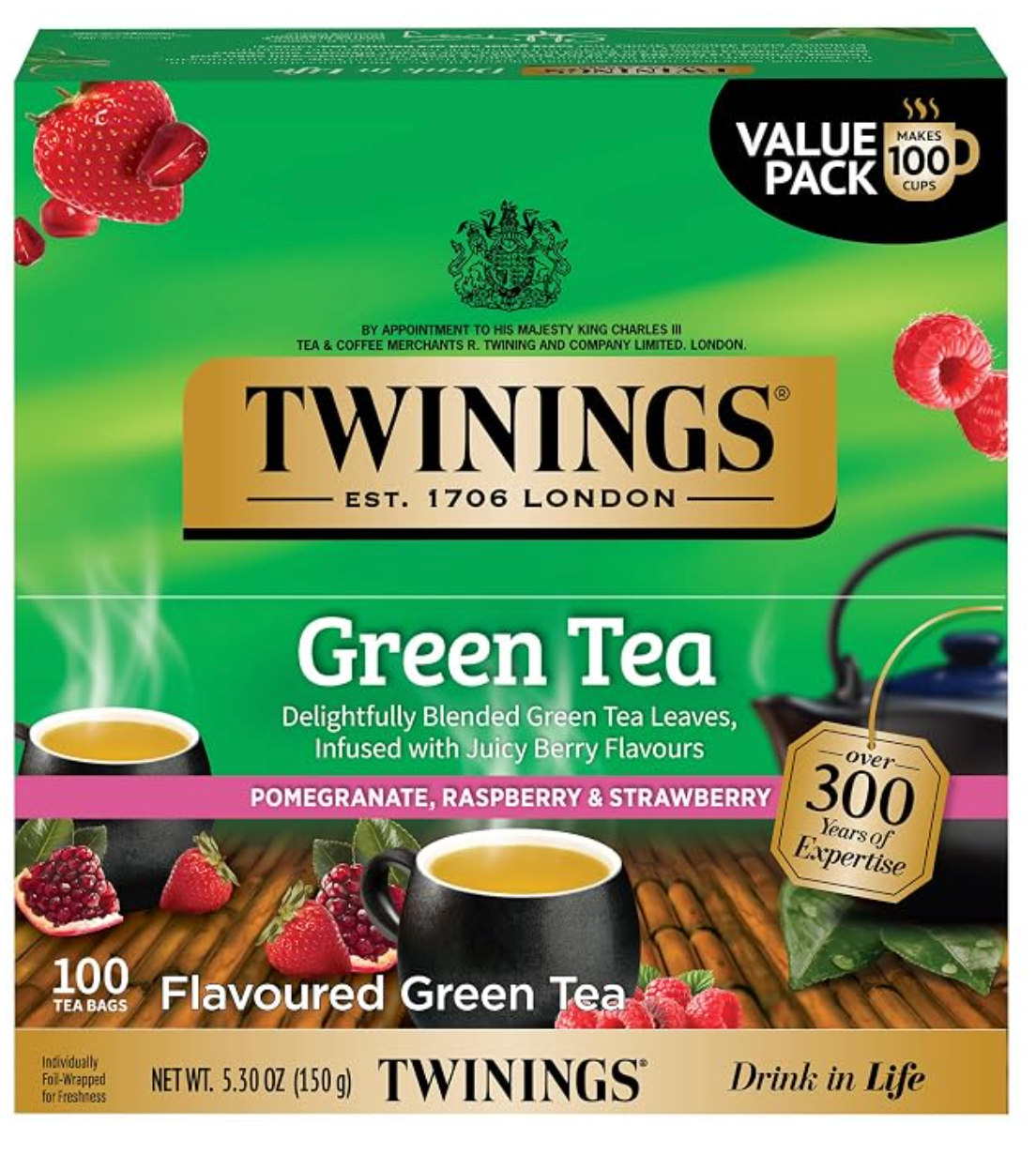 Twinings Green Pomegranate, Raspberry & Strawberry Tea Bags 100 CT (1 Pack)
